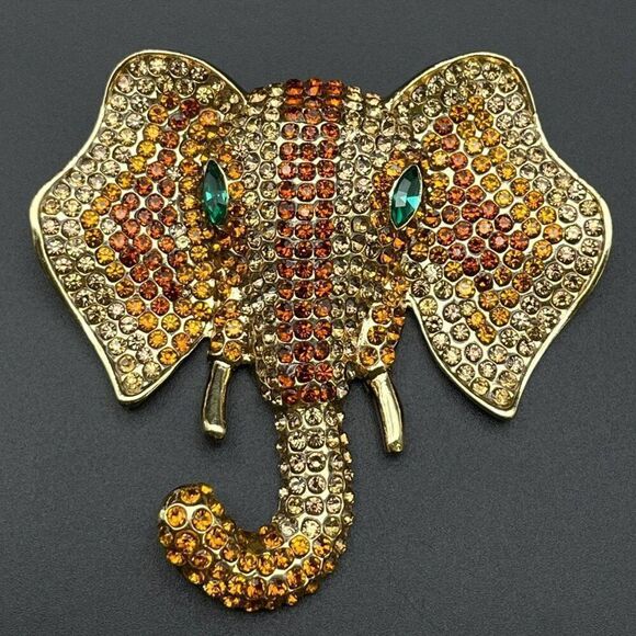 Yellow Gold with Champagne Topaz Crystal Tusked Elephant Pin Back Brooch - Picture 1 of 9